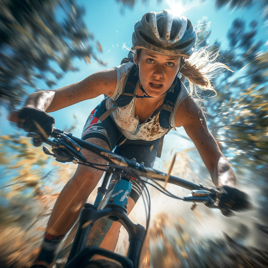 Close-up of determined mountain biker riding fast, wearing a helmet, showcasing MTB frame protection, with dynamic motion blur.