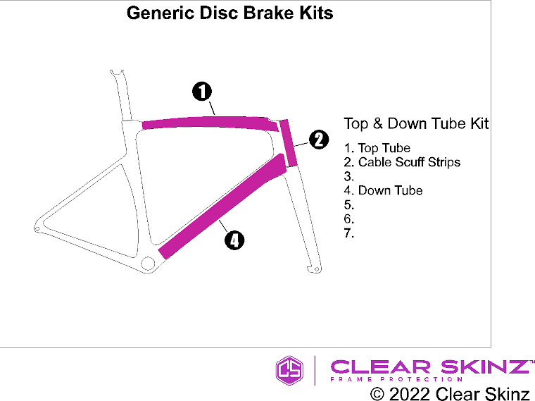 Illustration of a bike frame showing Frame Protection, top & downtube Skinz Kit in vibrant pink.