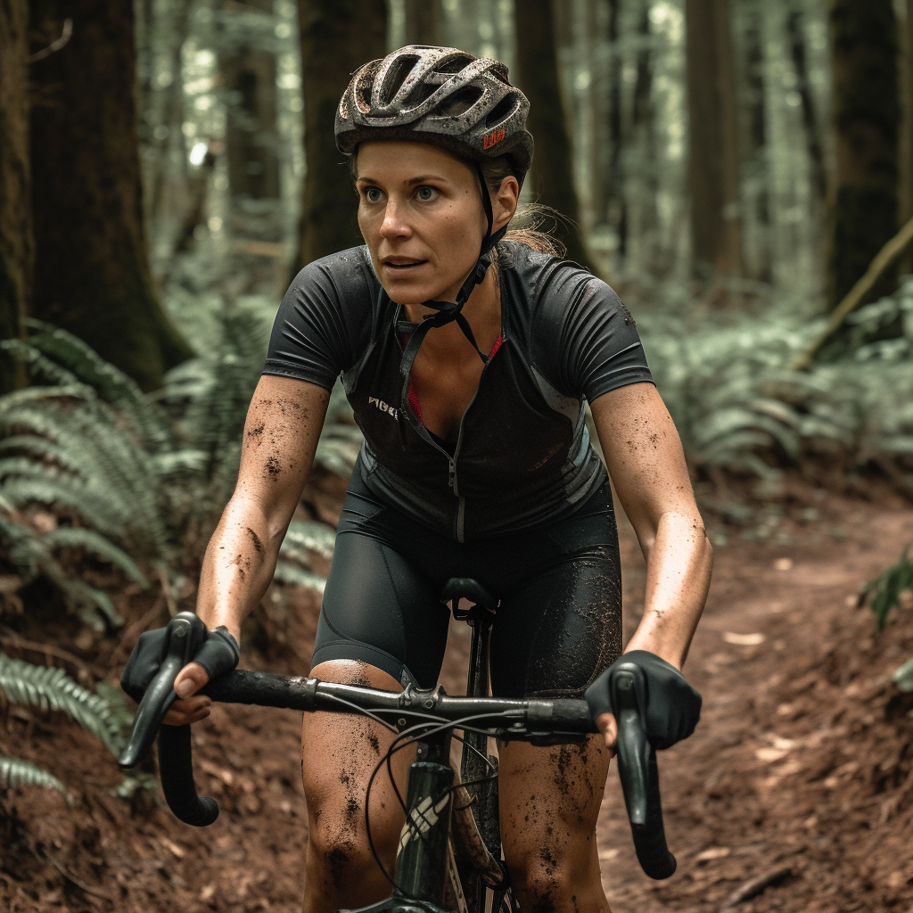 Determined cyclist in muddy terrain, showcasing a Chainstay Protector in action.

